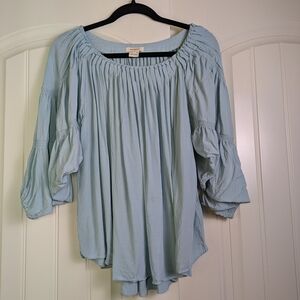 Sundance Soft Blue Pleated light blue, loose-fit, balloon sleeve Peasant Boho